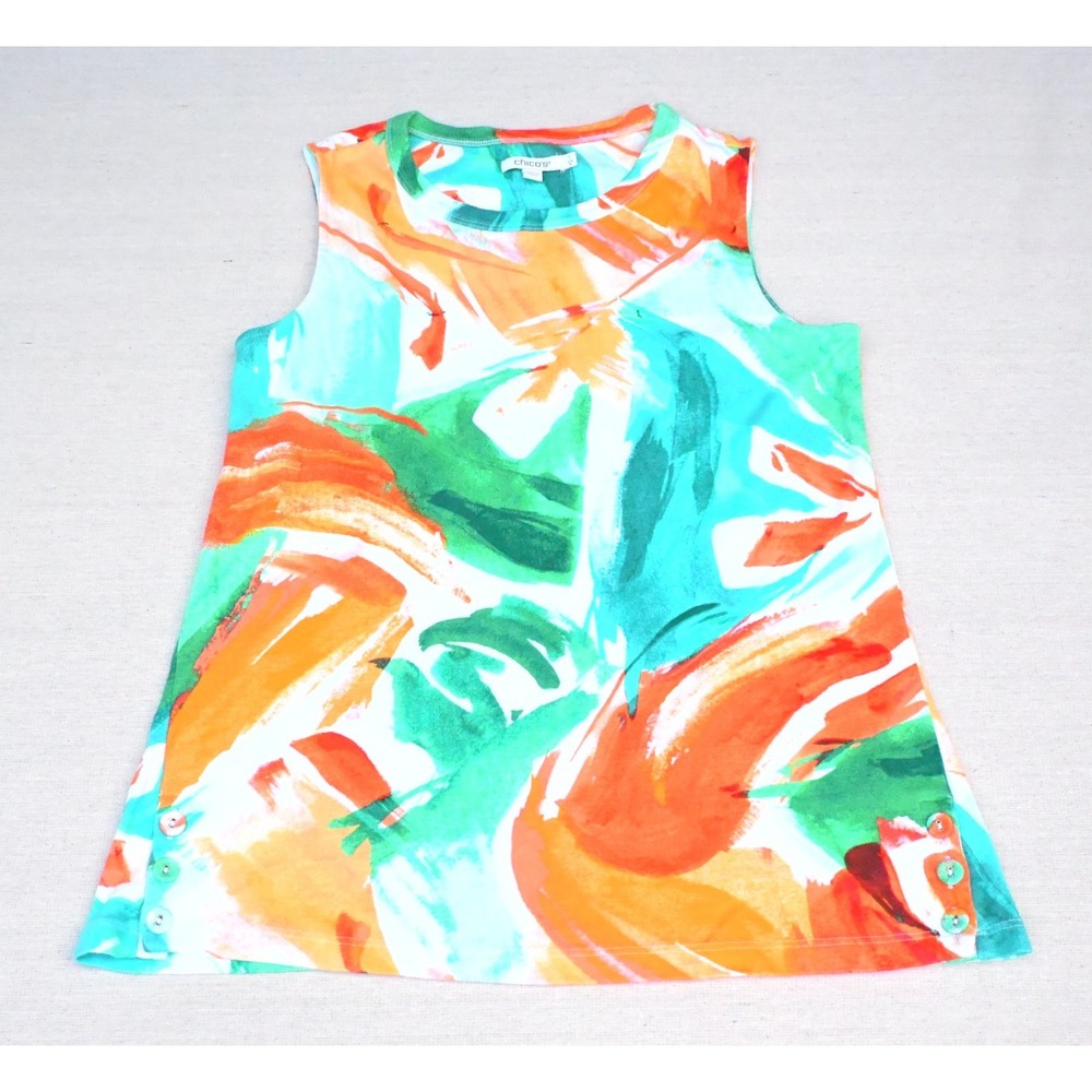 Chicos Womens 1 US M 100% Cotton Brushstroke Print Sleeveless Top Orange Green